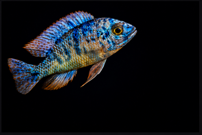 Electric tiger — hybrid African cichlid photographed against black backdrop.
