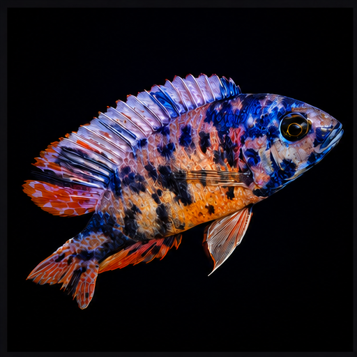 OB Peacock hybrid — hybrid African cichlid photographed against black backdrop.