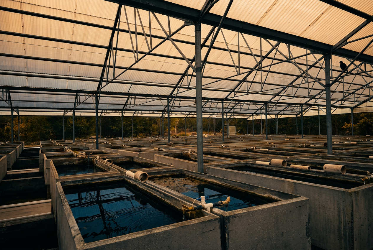 Rows of concrete breeding tanks under a translucent greenhouse roof at the cichlid hatchery.