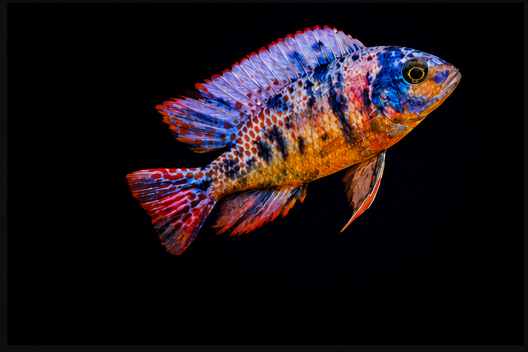 Sunset OB — hybrid African cichlid photographed against black backdrop.
